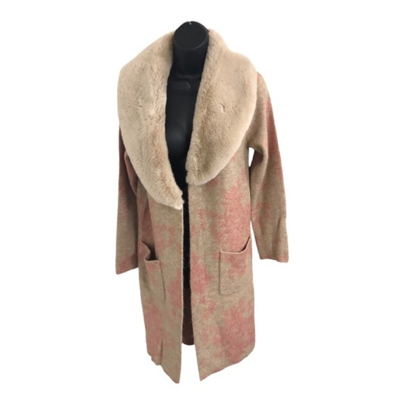 Tan & pink glam oversized faux fur collar open front long cardigan size small - Picture 6 of 14